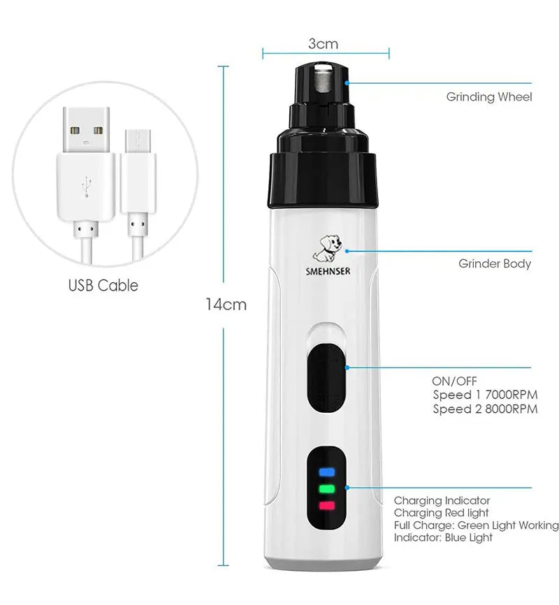 Rechargeable Electric Pet Nail Grinder – Quiet USB Trimmer for Dogs & Cats