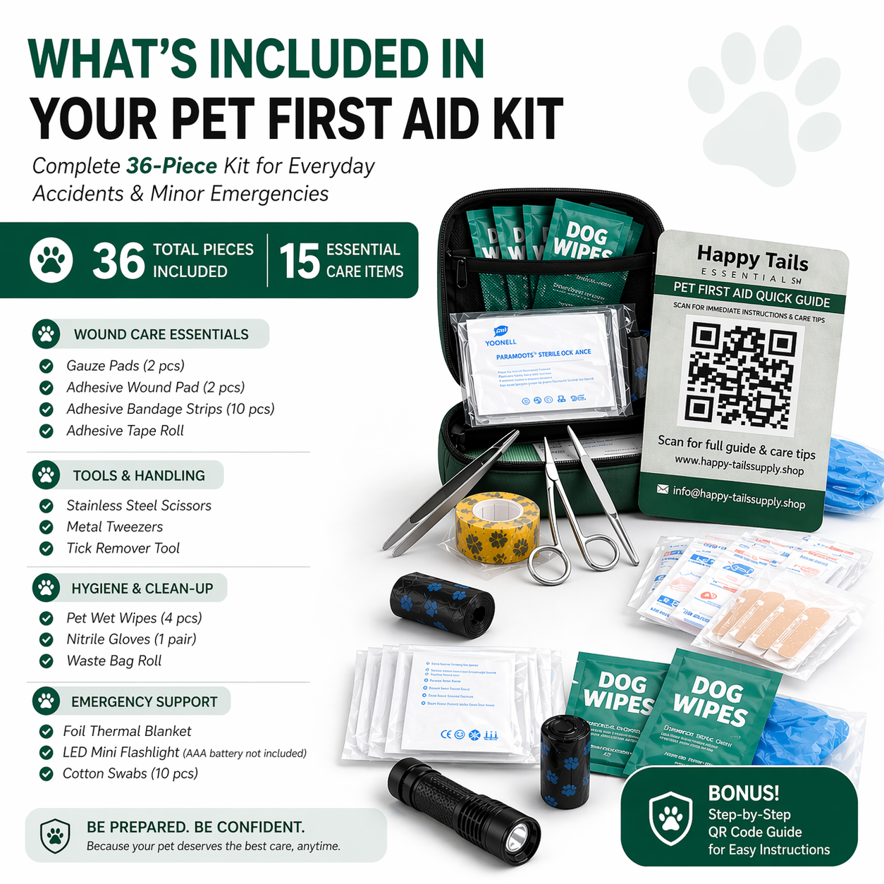 36 piece pet first aid kit contents including bandages wipes and tools