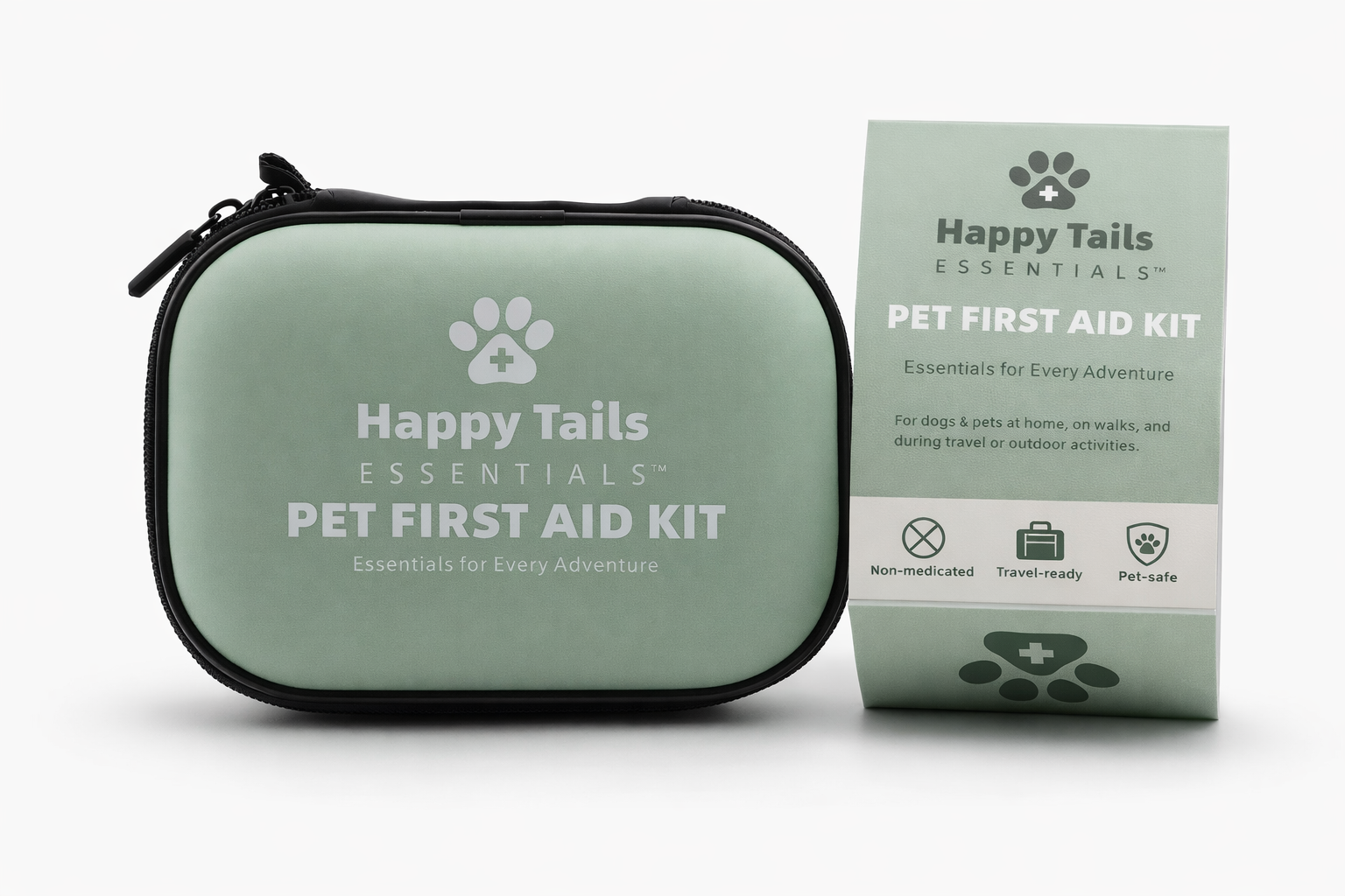 Happy Tails Essentials pet first aid kit with carrying case and packaging on a white background