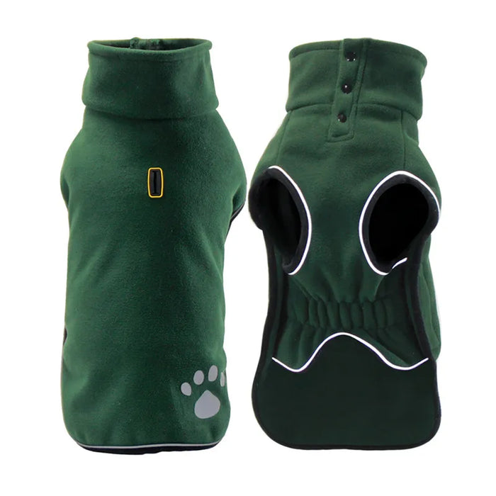 Green pet coat with paw print design on a white background