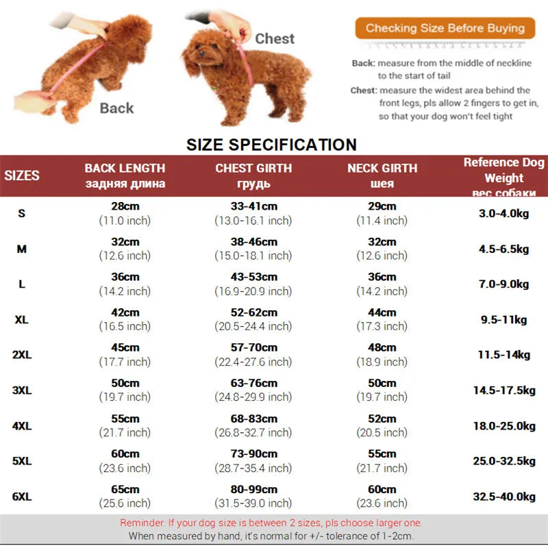 Size chart for dog collars with measurements and weight ranges.