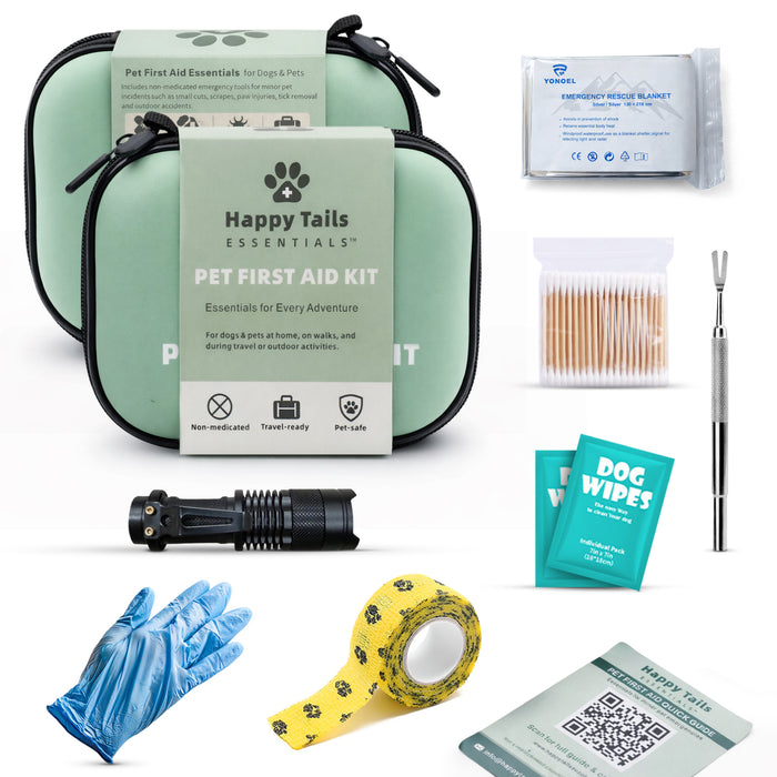 Happy Tails Essentials pet first aid kit with various components on a white background