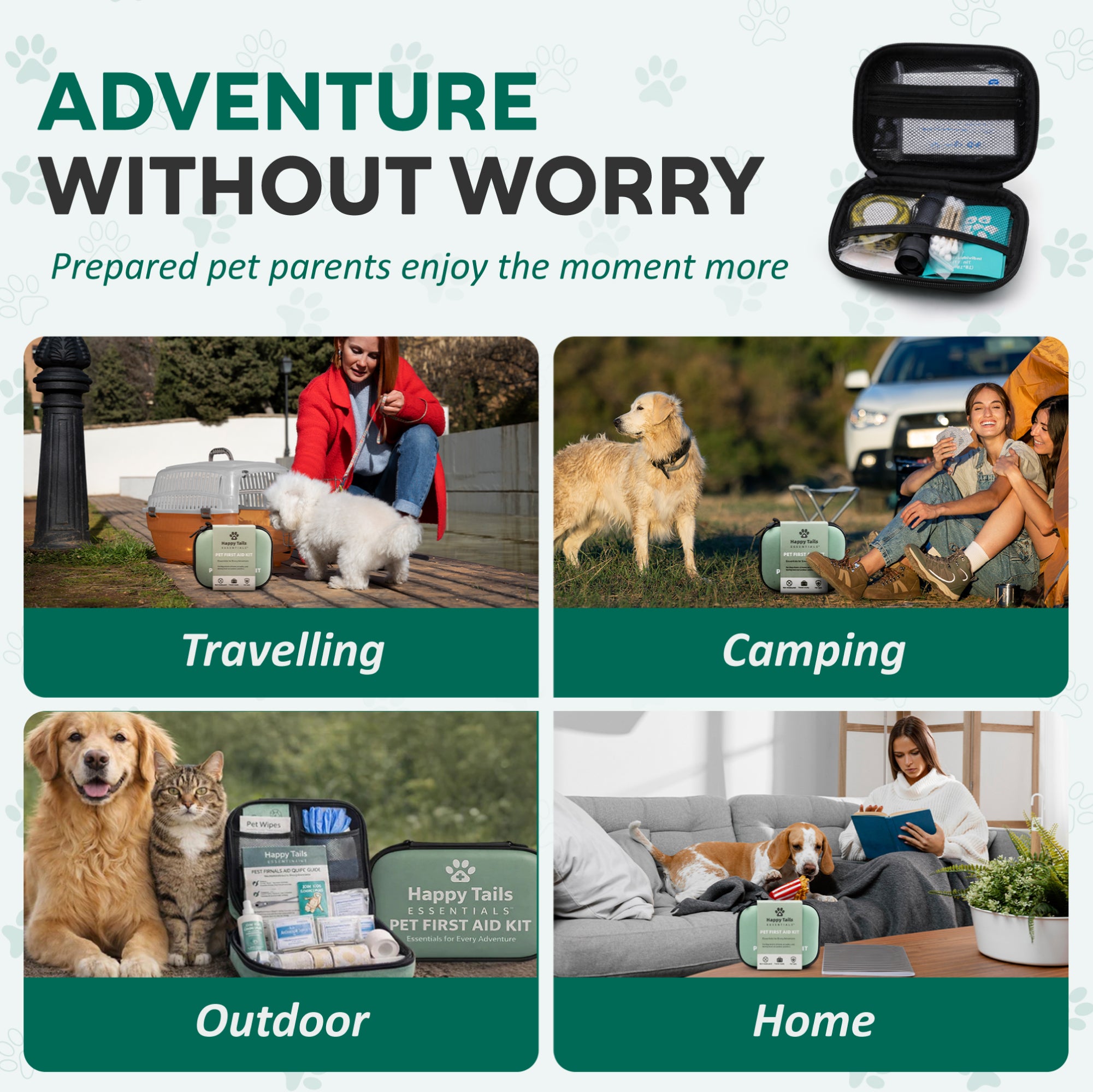 Advertisement for pet first aid kits with scenarios of travelling, camping, outdoor, and home use.