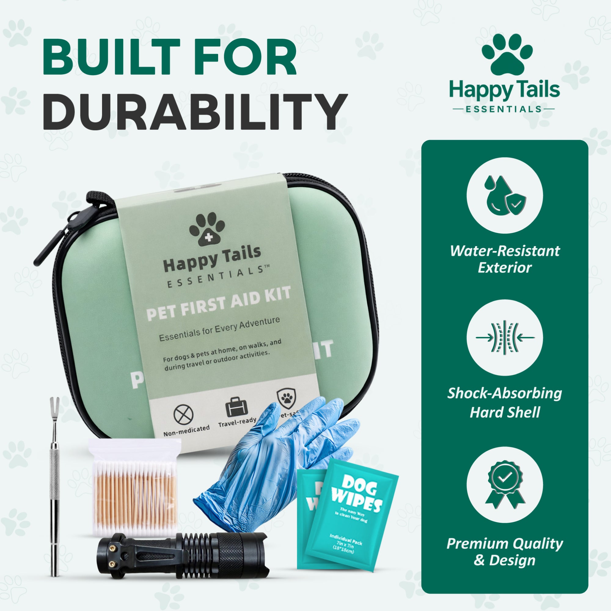 Happy Tails Essentials pet first aid kit with accessories on a white background