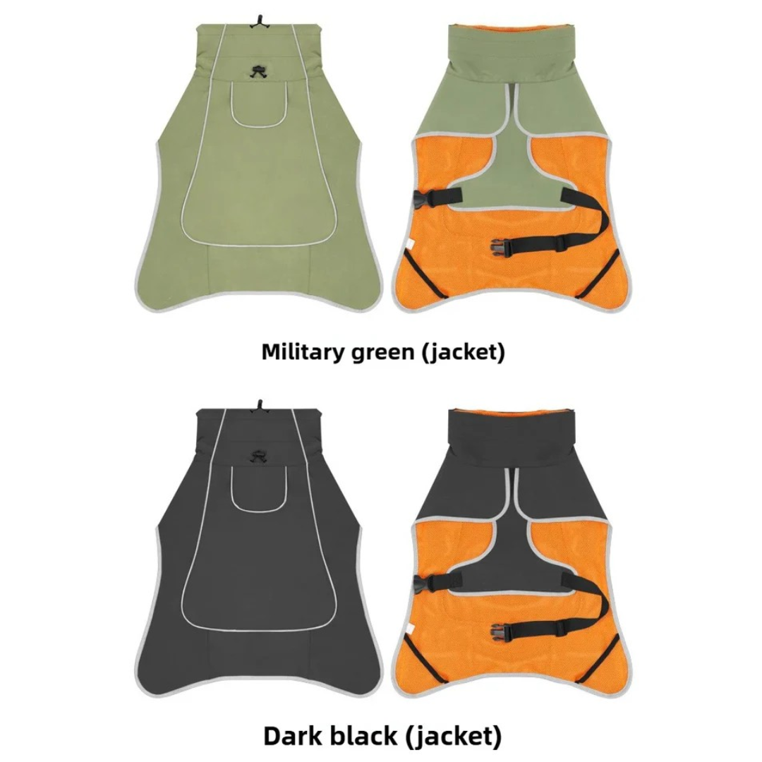 Four dog jackets in military green, orange, and dark black on a white background.