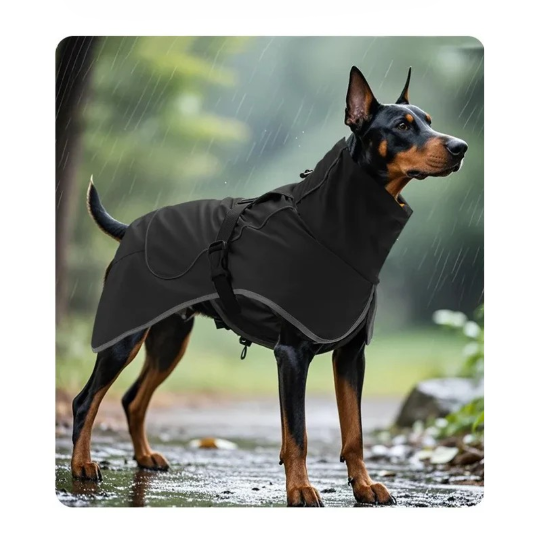 Dog wearing a black raincoat standing in the rain with a blurred natural background