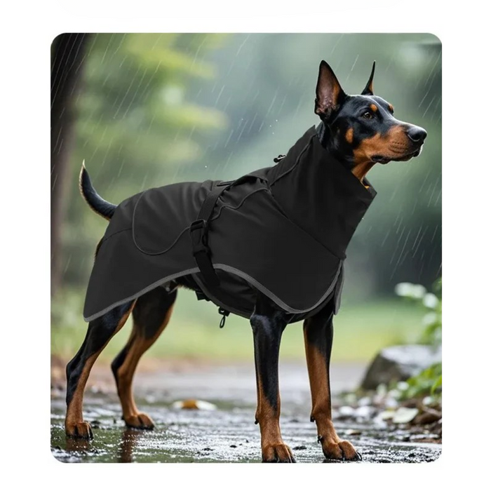 Dog wearing a black raincoat standing in the rain with a blurred natural background