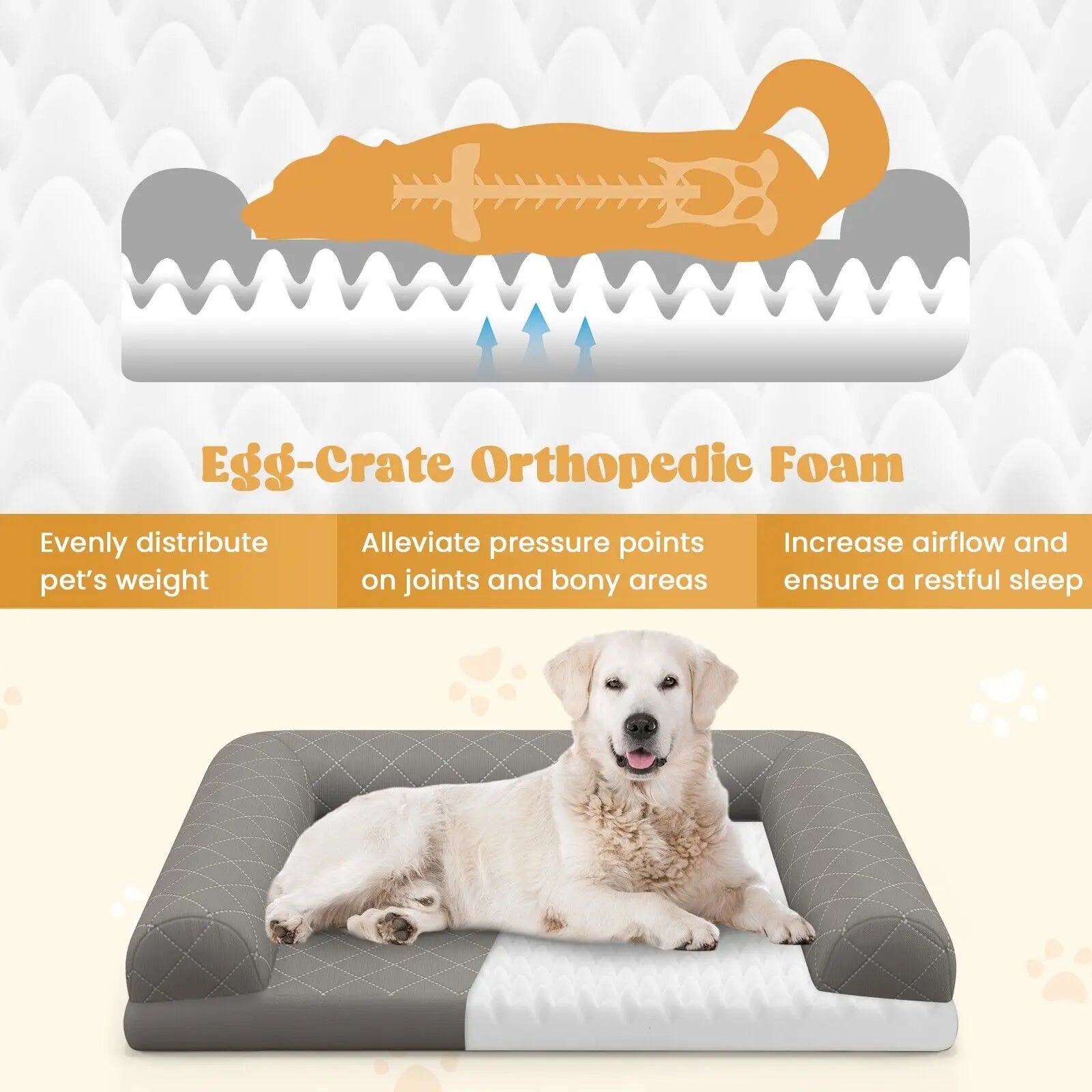 Orthopedic Dog Bed Grey for Small & Medium Dogs – Supportive Egg-Crate Foam Crate Mat with 3-Sided Bolster for Joint Relief & Comfort