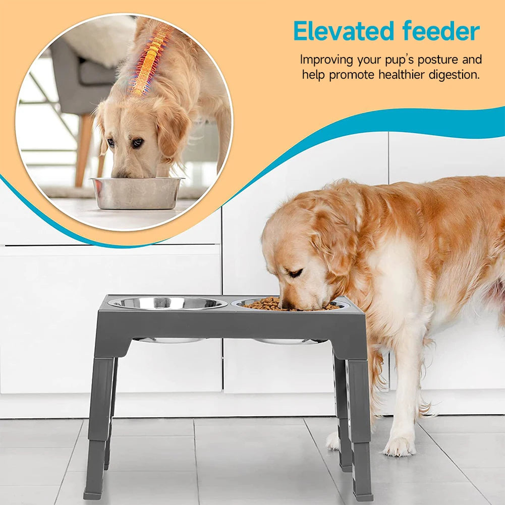 Adjustable Elevated Dog Feeder with 2 Stainless Steel Bowls – Foldable Raised Pet Bowl Stand for Small to Large Dogs