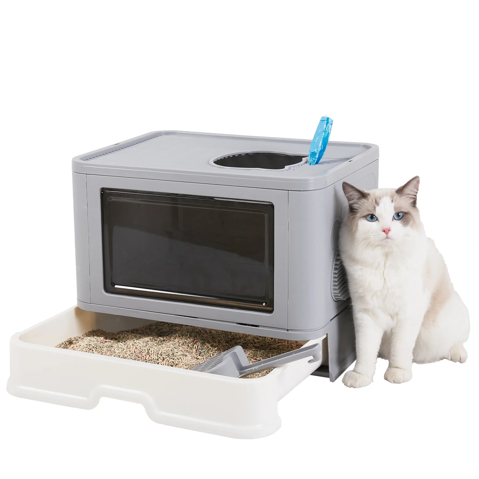 Foldable Cat Litter Box with Front Entry, Top Exit, Scoop & Grooming Massager – Enclosed Kitty Toilet