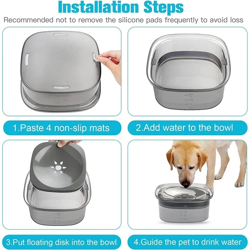 2L Dog Water Bowl – Clear No Spill Floating Design, Anti-Wet Mouth Pet Bowl for Dogs and Cats, Large Capacity Drinker