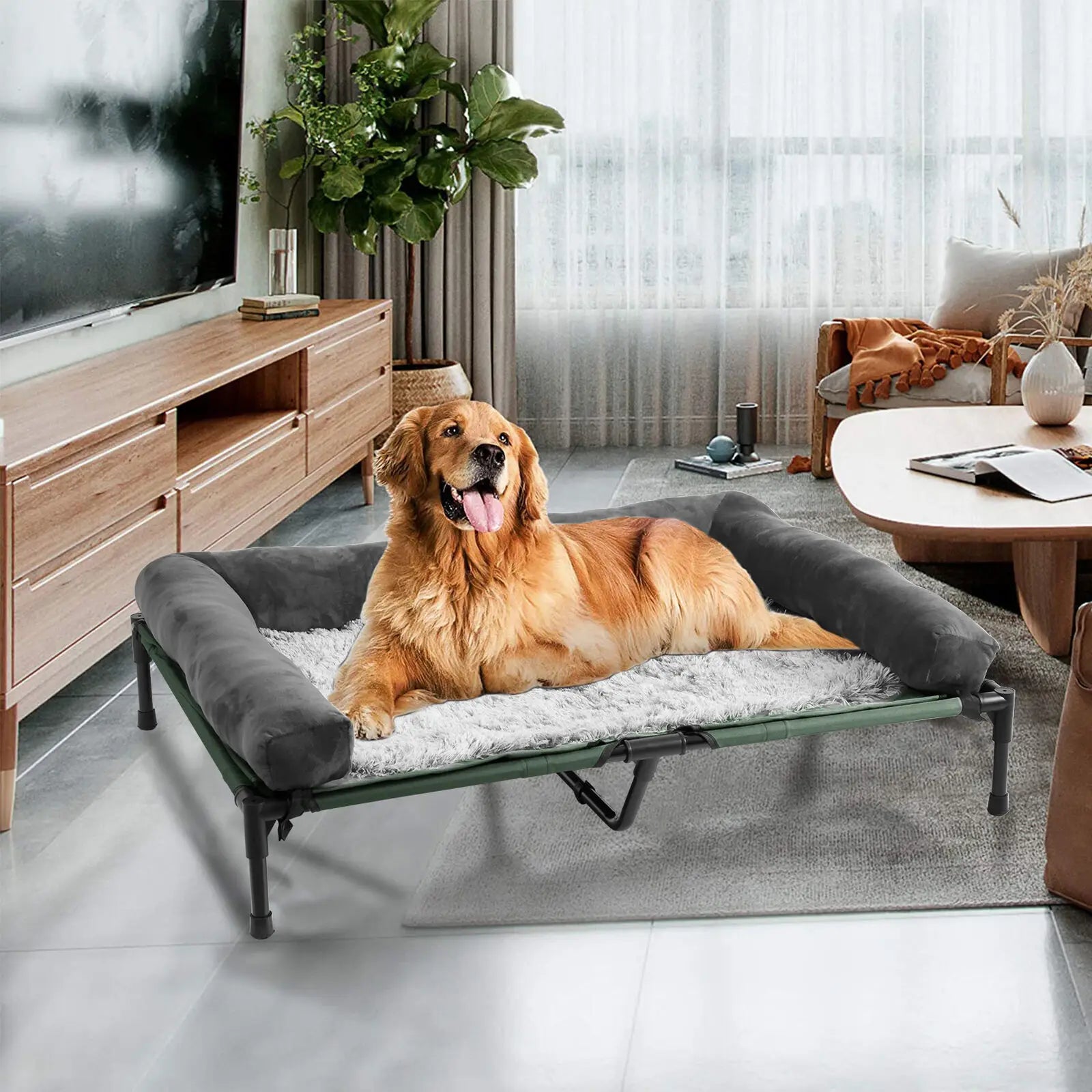 Elevated Dog Bed for Dogs & Cats - Indoor & Outdoor Pet Lounger with Detachable Plush Bolster, Cooling Design for Summer & Winter, Sizes L to XL