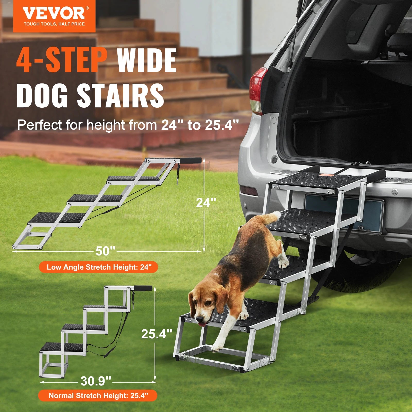 4-Step Folding Dog Car Stairs – Extra Wide, Lightweight Aluminum Pet Steps for SUVs, Trucks & Cars – Supports Up to 150 lbs | VEVOR