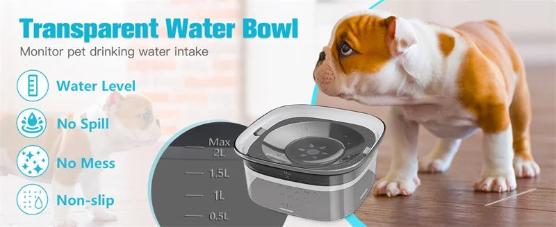 2L Dog Water Bowl – Clear No Spill Floating Design, Anti-Wet Mouth Pet Bowl for Dogs and Cats, Large Capacity Drinker