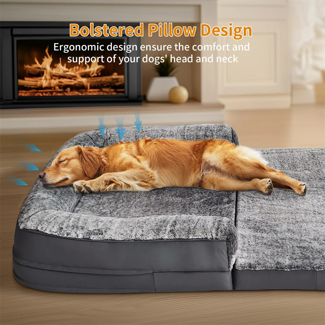 Dog sleeping on a bolstered pillow design pet bed with fireplace in the background.