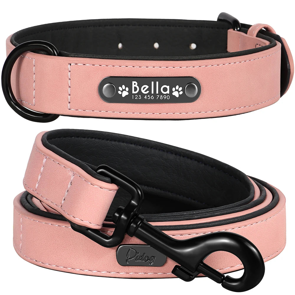 Personalized Dog Collar and Leash Set - Custom Leather ID Collar with Engraving for Small, Medium, and Large Dogs