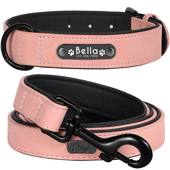 Personalized Dog Collar and Leash Set - Custom Leather ID Collar with Engraving for Small, Medium, and Large Dogs