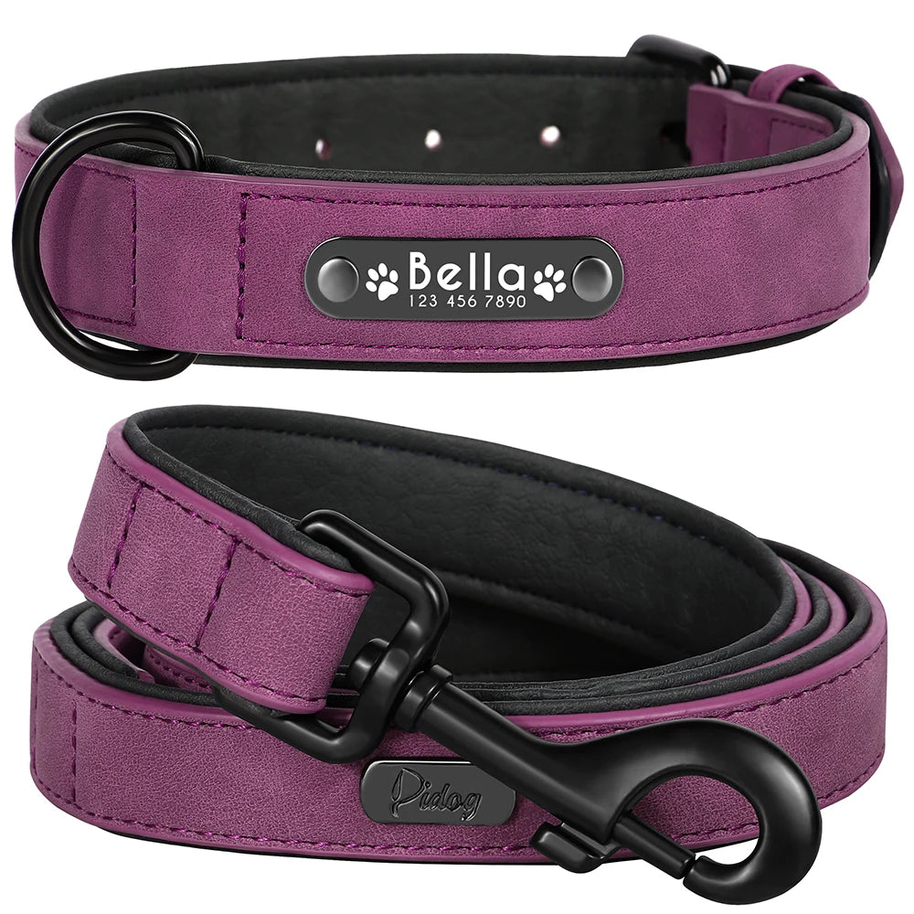 Personalized Dog Collar and Leash Set - Custom Leather ID Collar with Engraving for Small, Medium, and Large Dogs
