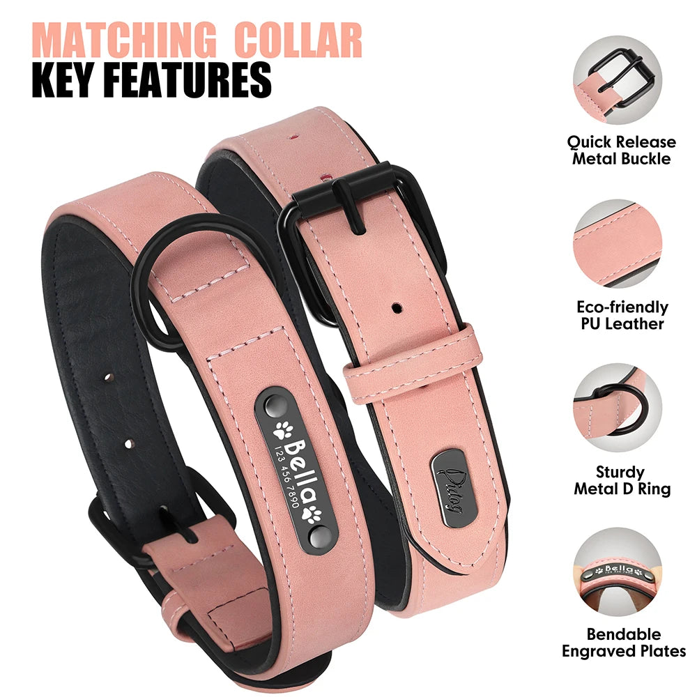 Personalized Dog Collar and Leash Set - Custom Leather ID Collar with Engraving for Small, Medium, and Large Dogs