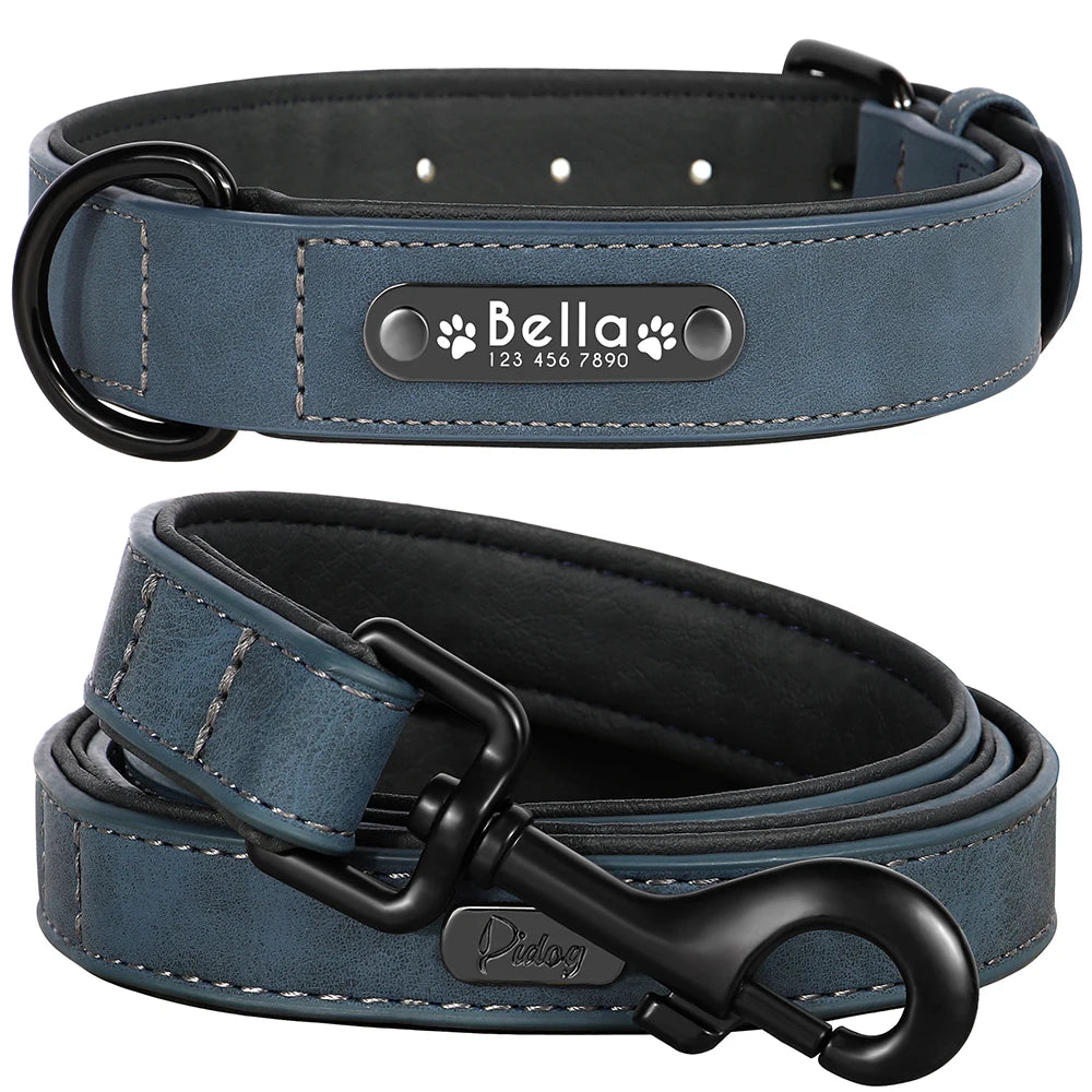 Personalized Dog Collar and Leash Set - Custom Leather ID Collar with Engraving for Small, Medium, and Large Dogs