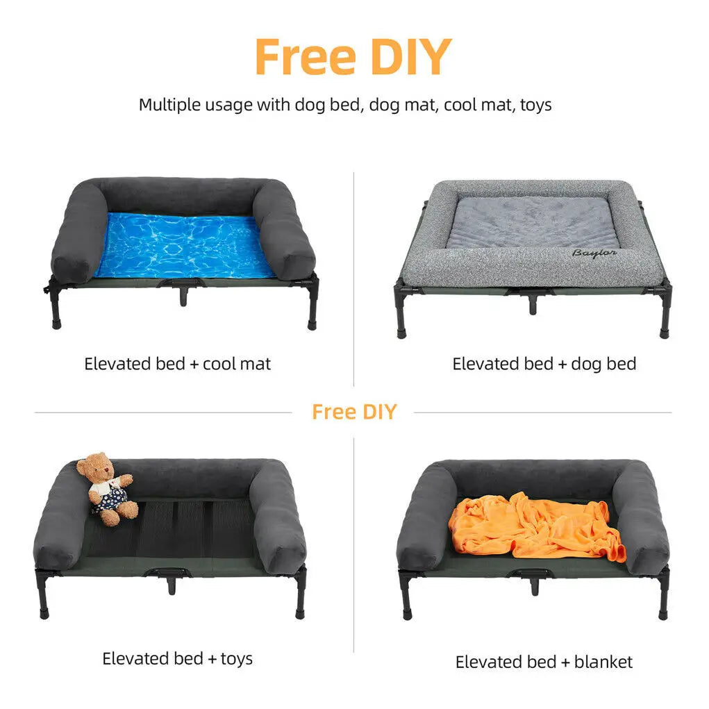 Elevated Dog Bed for Dogs & Cats - Indoor & Outdoor Pet Lounger with Detachable Plush Bolster, Cooling Design for Summer & Winter, Sizes L to XL