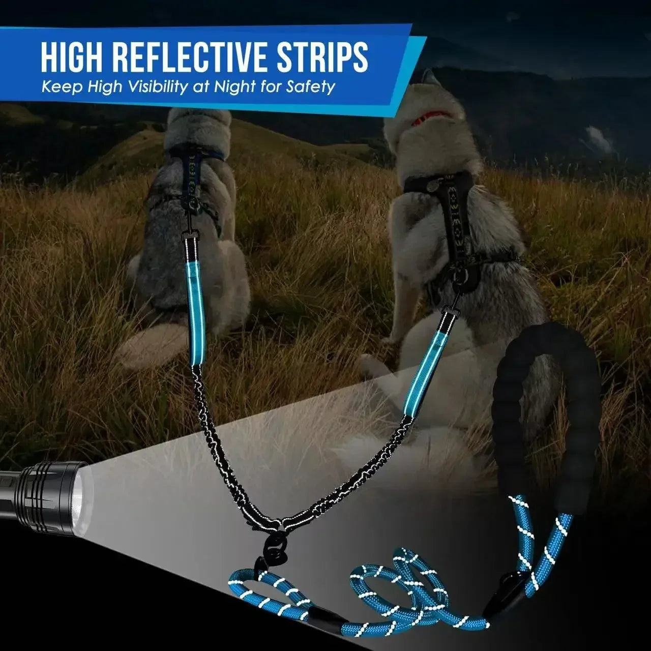 No-Tangle Reflective Double Dog Leash with 360° Swivel – Dual Bungee Leash with Two Traffic Handles for Large Dogs