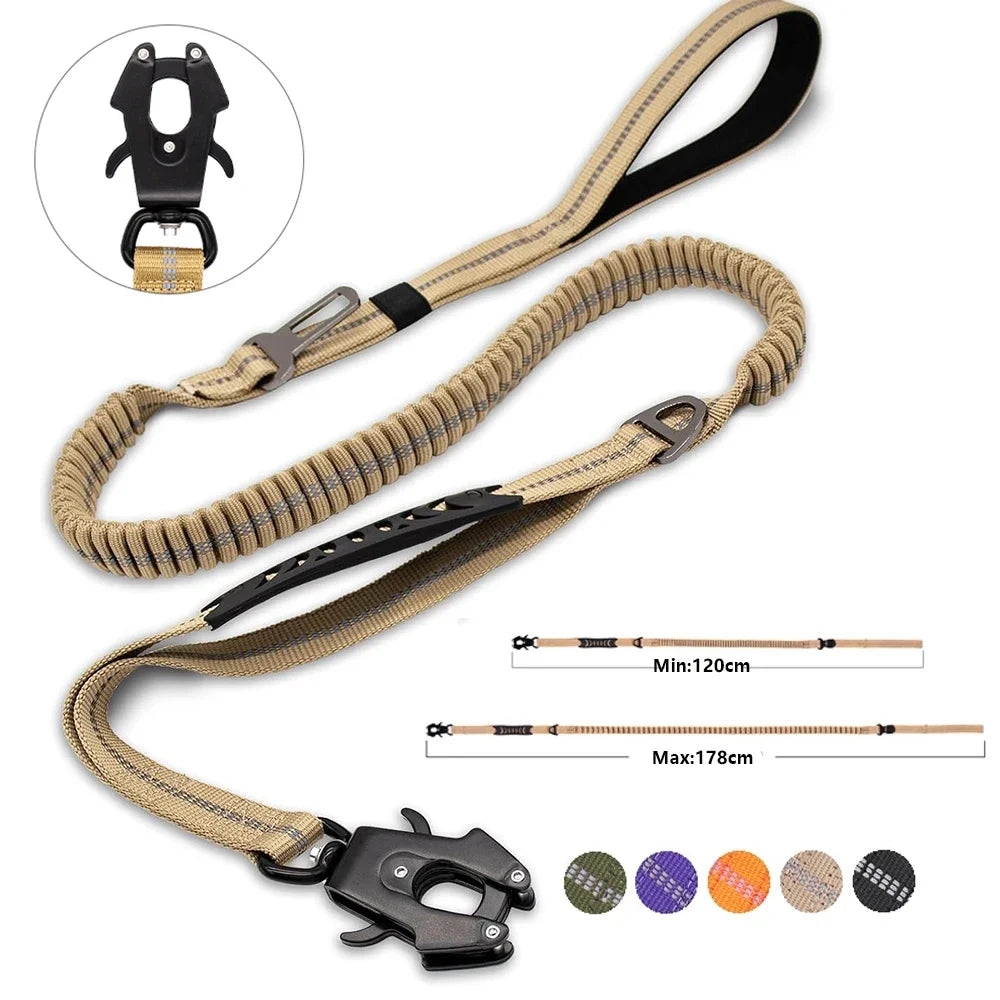 Reflective Bungee Dog Leash for Large Dogs – Heavy Duty No-Pull Tactical Leash with Shock Absorption & Car Seatbelt Clip