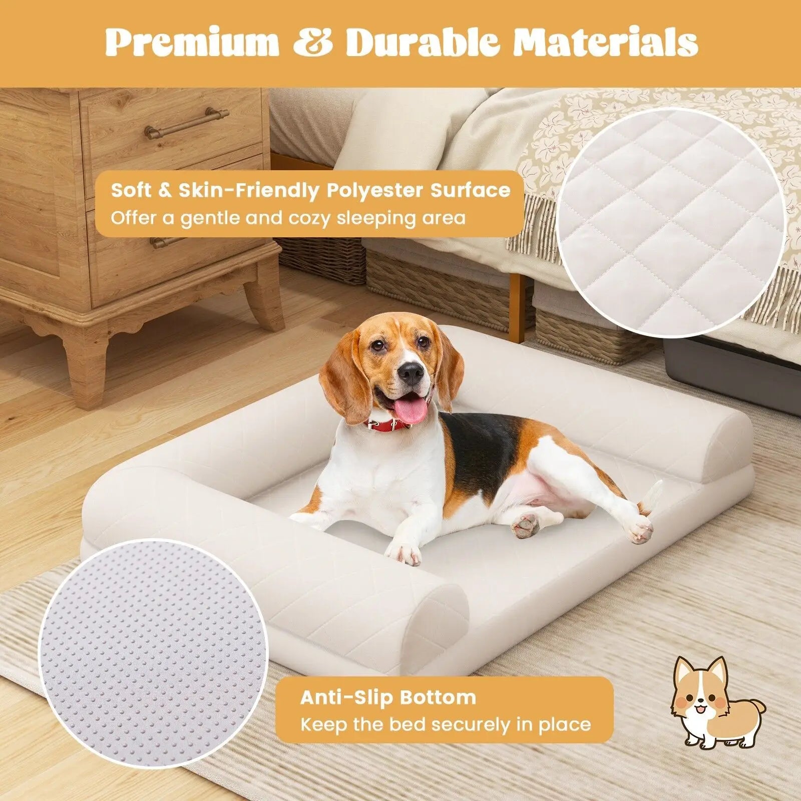 Orthopedic Dog Bed Beige for Small & Medium Dogs – Supportive Egg-Crate Foam Crate Mat with 3-Sided Bolster for Joint Relief & Comfort