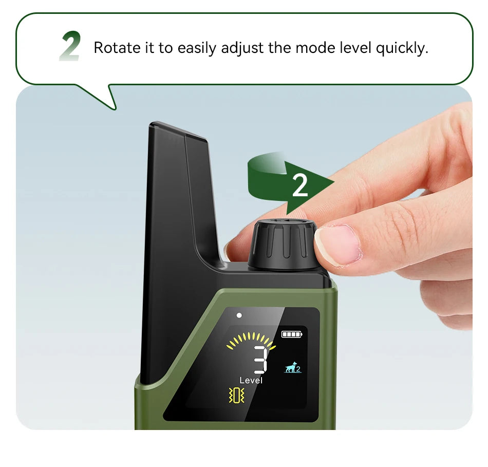 Hand adjusting a mode level knob on a device with a digital display.