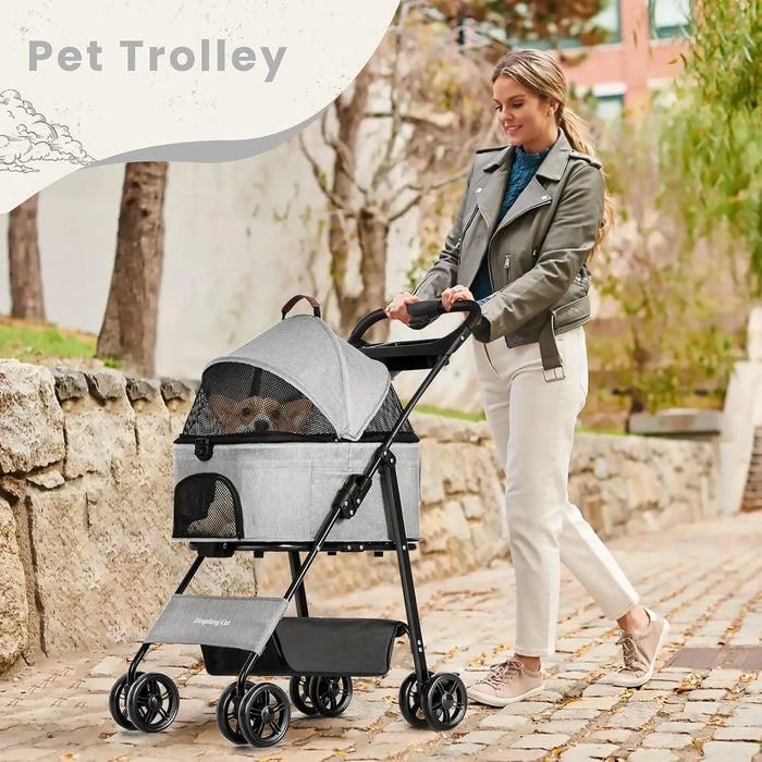4-Wheel Foldable Pet Stroller for Dogs & Cats – Lightweight Travel Pram with Mesh Ventilation & Safety Harness – Compact & Portable