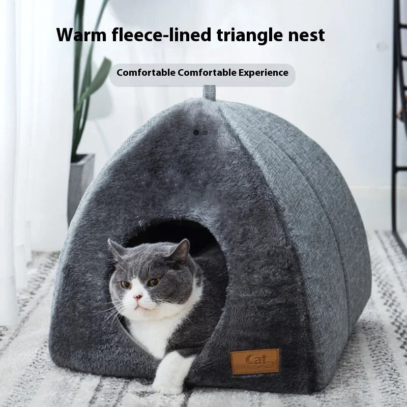 Triangle Cat House Bed – Warm Enclosed Nest for Comfort & Deep Sleep | Stylish Cat Tent Design