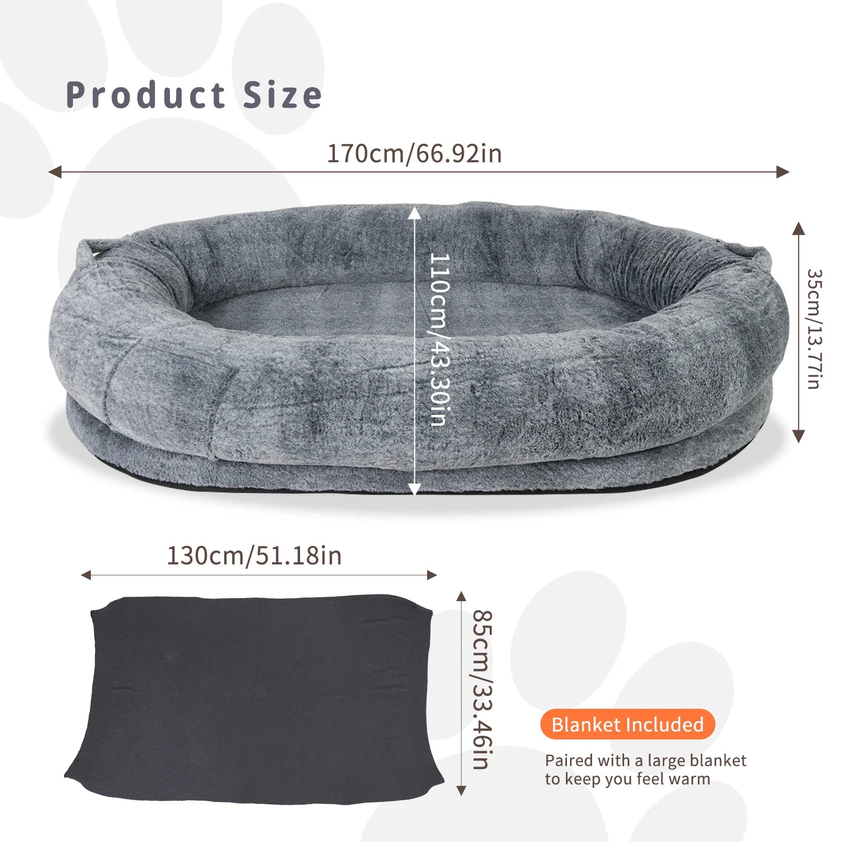 Ultimate Comfort Large Human Dog Bed 66"x43"x17" – Human-Sized Big Dog Bed for Adults & Pets, Giant Beanbag with Washable Fur Cover & Blanket