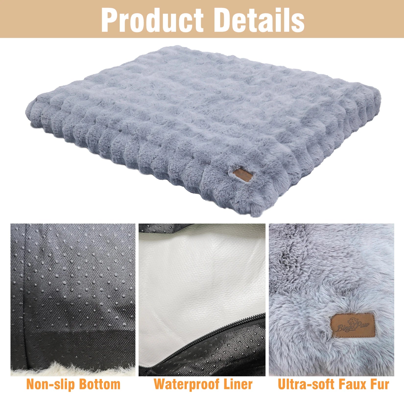 Gray pet bed with non-slip bottom, waterproof liner, and ultra-soft faux fur texture.