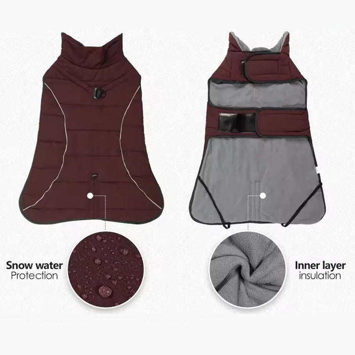 Dog coat with snow water protection and inner layer insulation features on a white background
