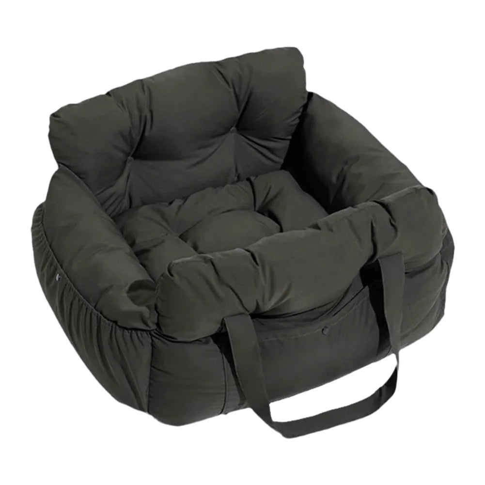 Black pet bed with a handle on a white background