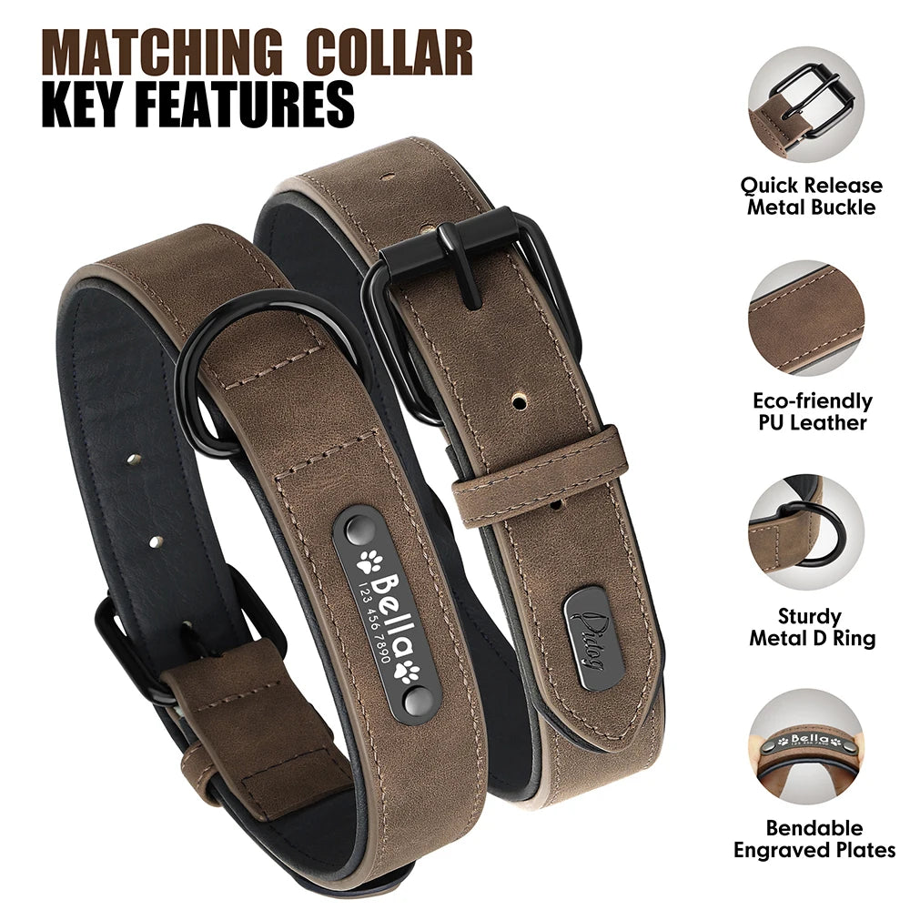 Personalized Dog Collar and Leash Set - Custom Leather ID Collar with Engraving for Small, Medium, and Large Dogs