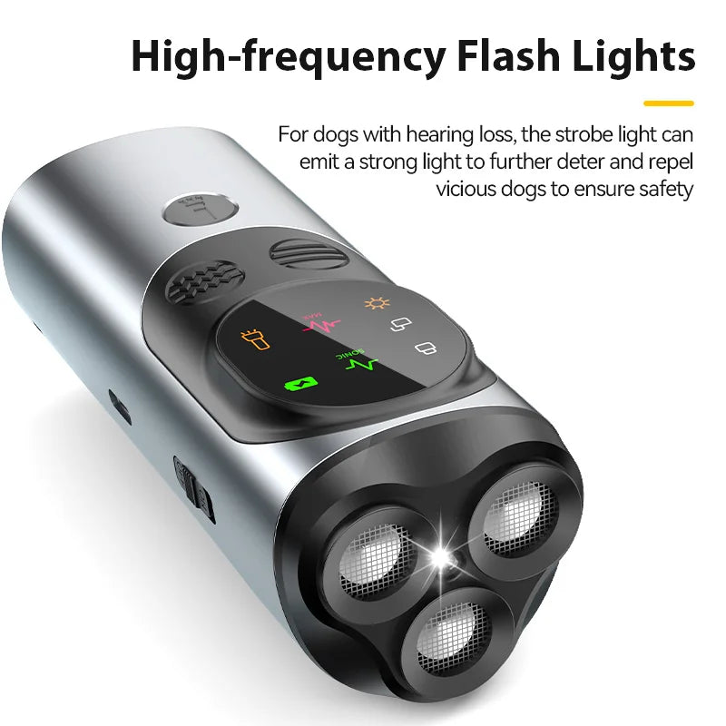 Dog deterrent device with high-frequency flash lights on a white background