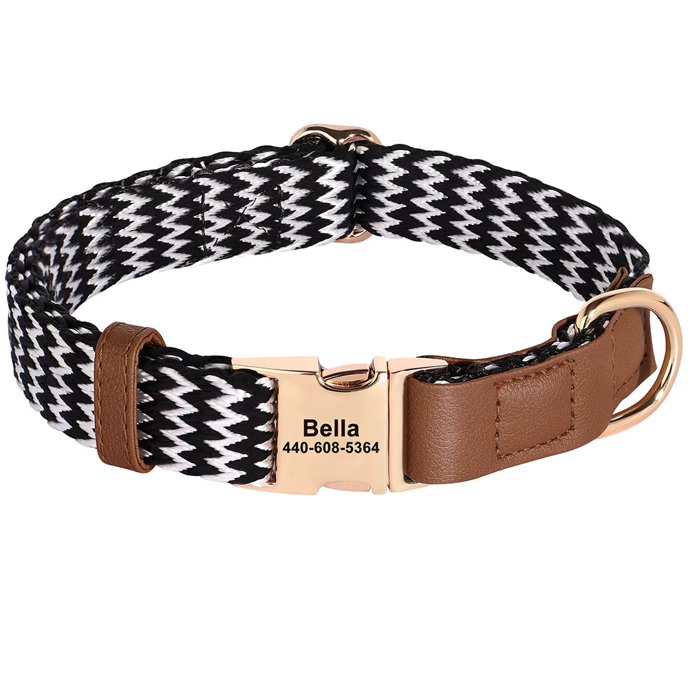 Dog collar with black and white pattern, brown leather strap, and rose gold buckle on a white background