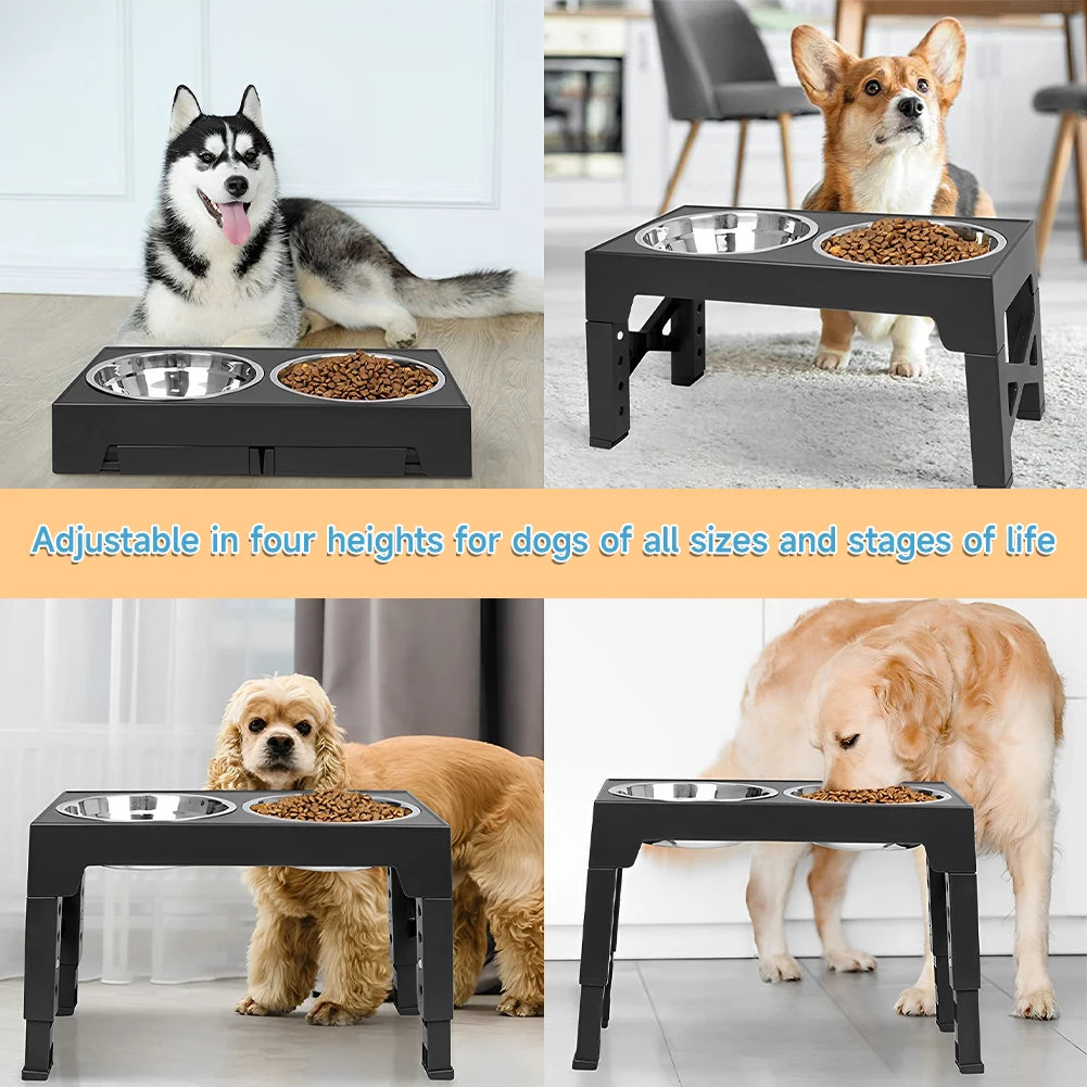 Adjustable Elevated Dog Feeder with 2 Stainless Steel Bowls – Foldable Raised Pet Bowl Stand for Small to Large Dogs
