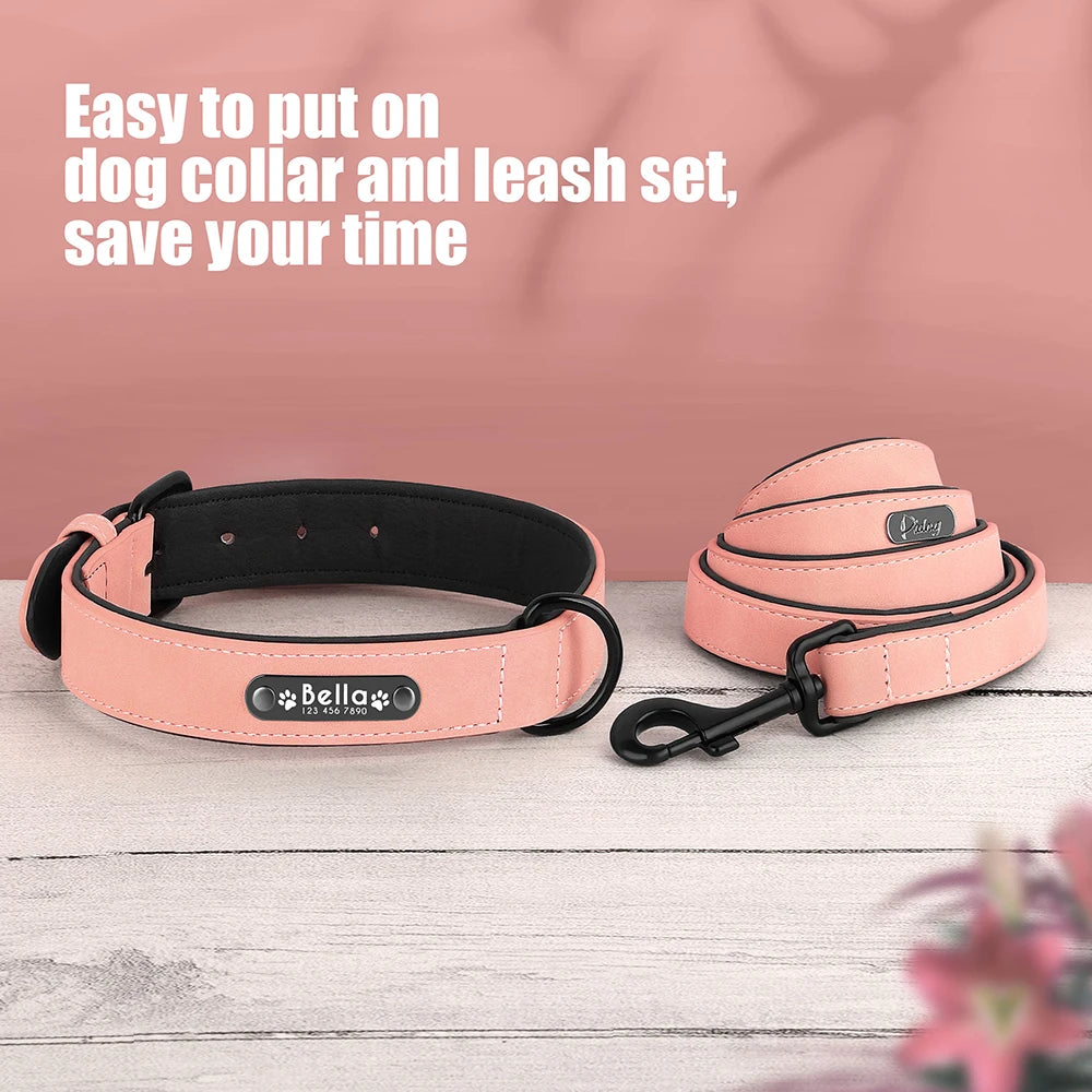 Personalized Dog Collar and Leash Set - Custom Leather ID Collar with Engraving for Small, Medium, and Large Dogs