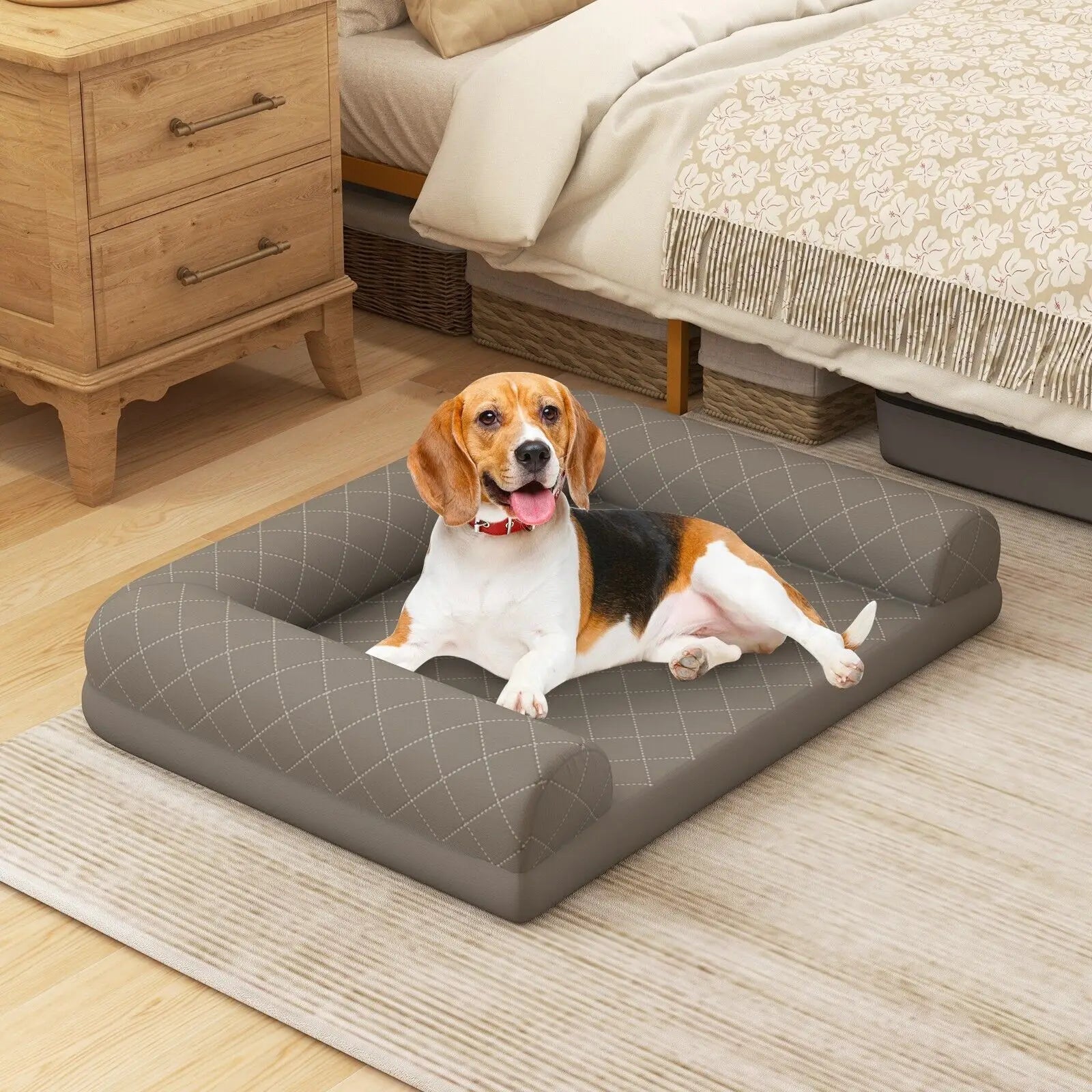 Orthopedic Dog Bed Grey for Small & Medium Dogs – Supportive Egg-Crate Foam Crate Mat with 3-Sided Bolster for Joint Relief & Comfort
