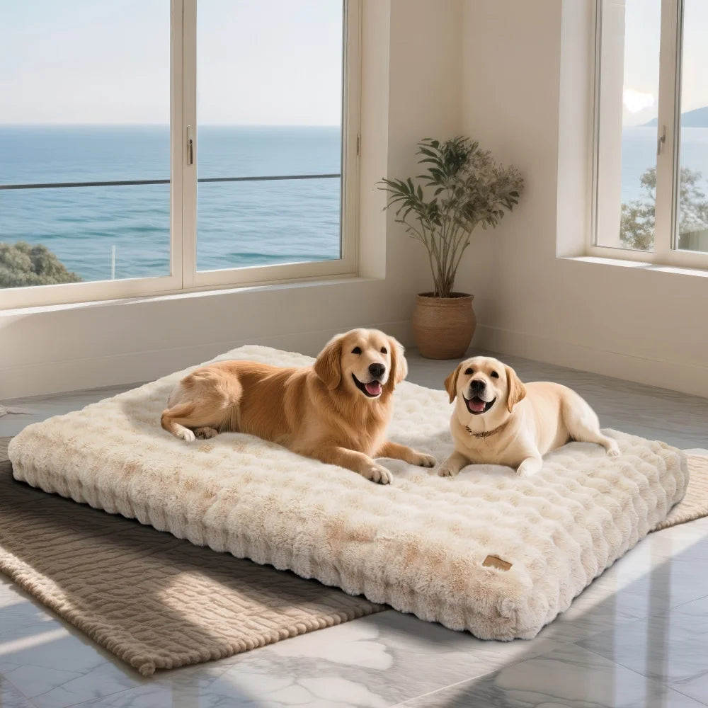 Two dogs on a fluffy pet bed by a large window with ocean view