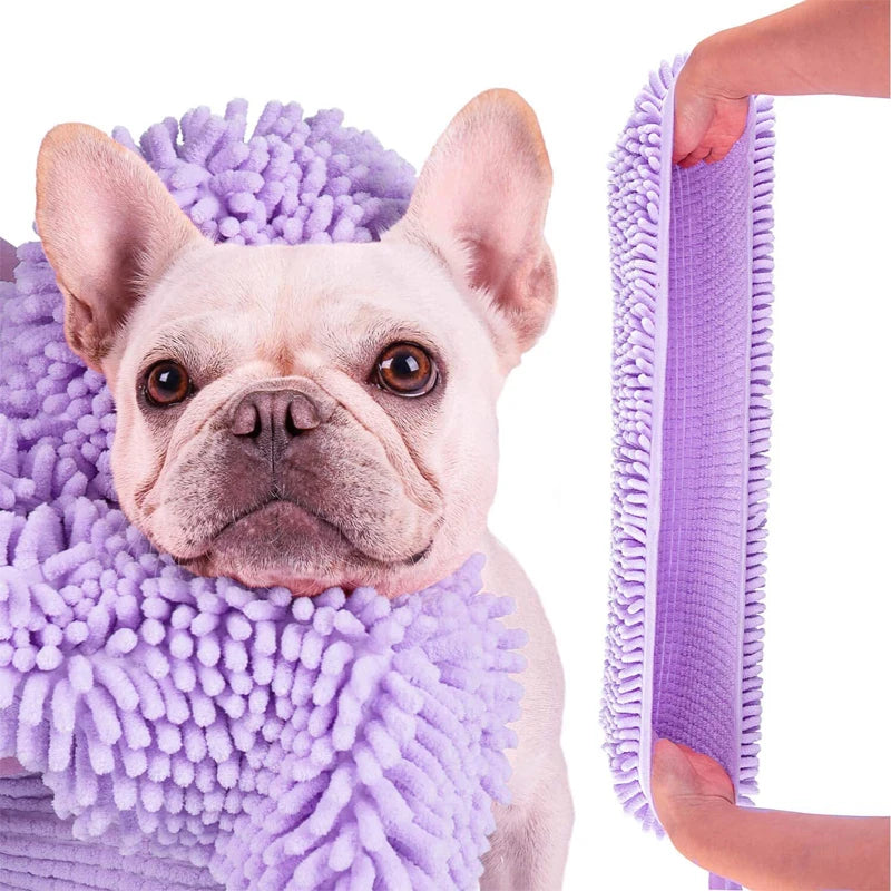 Dog wrapped in a purple towel with a close-up of the towel's texture.