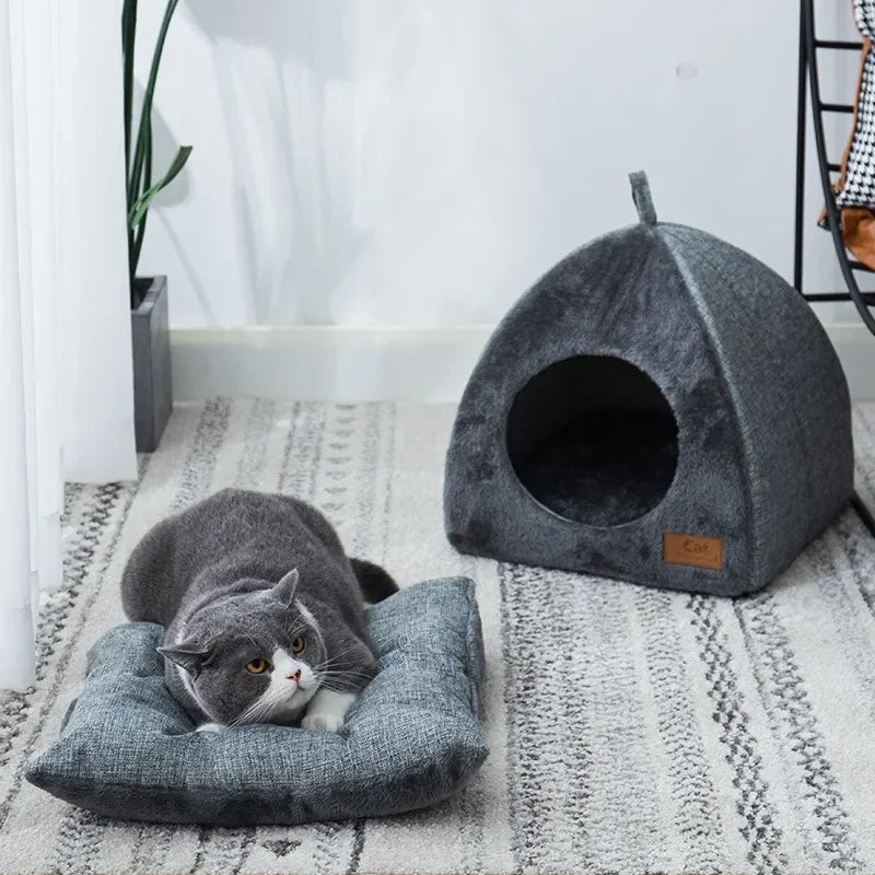 Triangle Cat House Bed – Warm Enclosed Nest for Comfort & Deep Sleep | Stylish Cat Tent Design