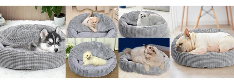 Collage of a gray pet bed with dogs in various positions on a light wooden floor.