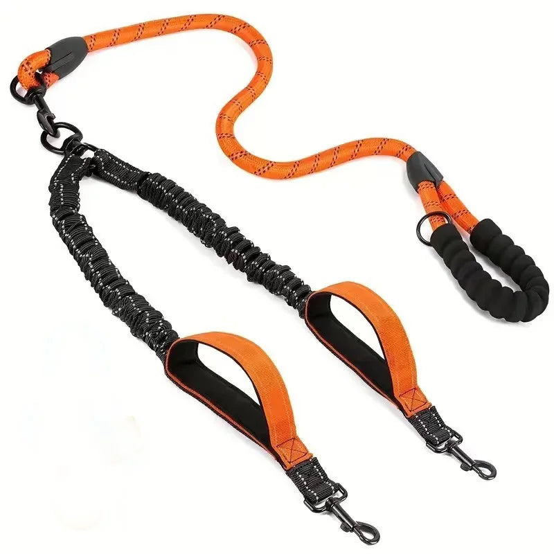 No-Tangle Reflective Double Dog Leash with 360° Swivel – Dual Bungee Leash with Two Traffic Handles for Large Dogs