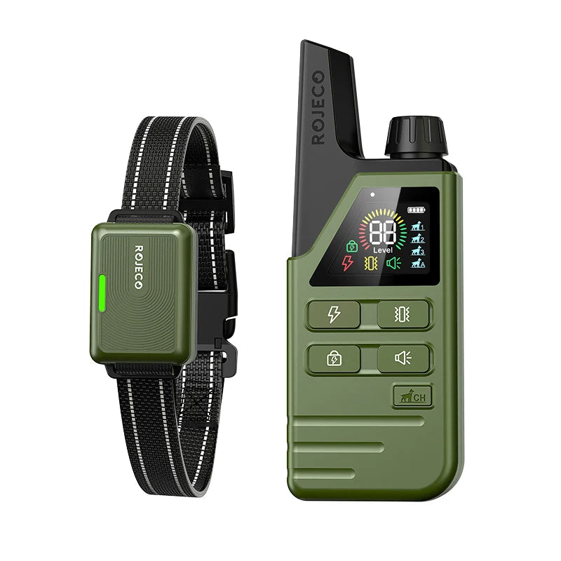 Green dog training collar with remote control on a white background