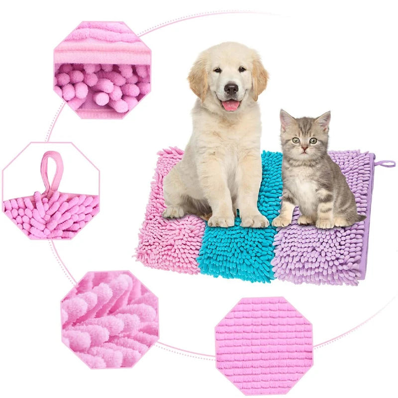Dog and cat on a textured mat with pink ball toy and pink handle in the corner.