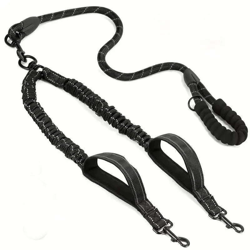 No-Tangle Reflective Double Dog Leash with 360° Swivel – Dual Bungee Leash with Two Traffic Handles for Large Dogs