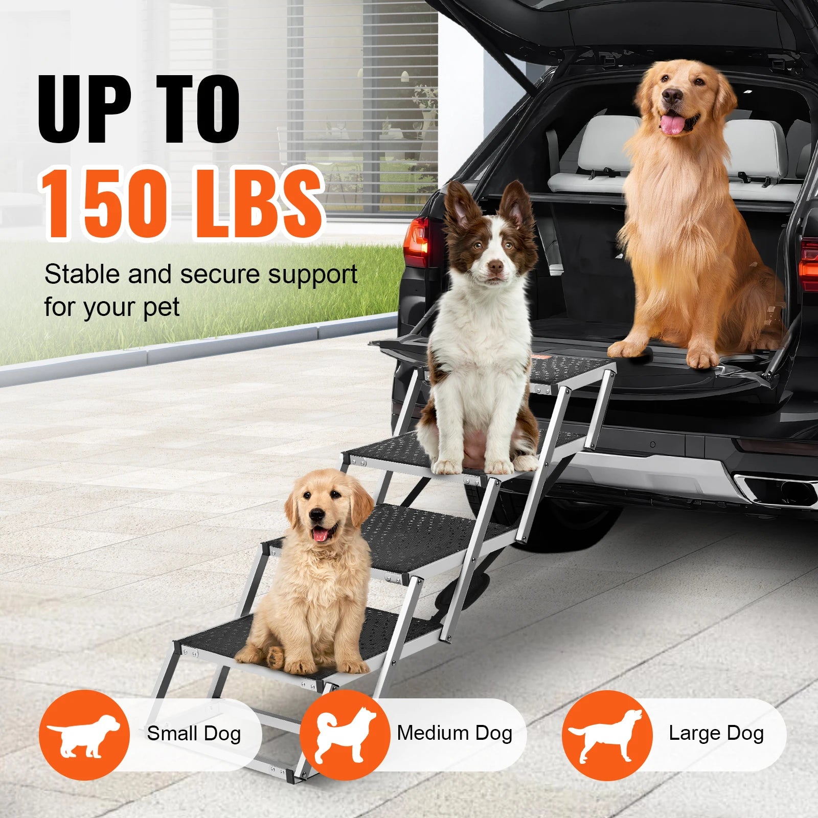 4-Step Folding Dog Car Stairs – Extra Wide, Lightweight Aluminum Pet Steps for SUVs, Trucks & Cars – Supports Up to 150 lbs | VEVOR